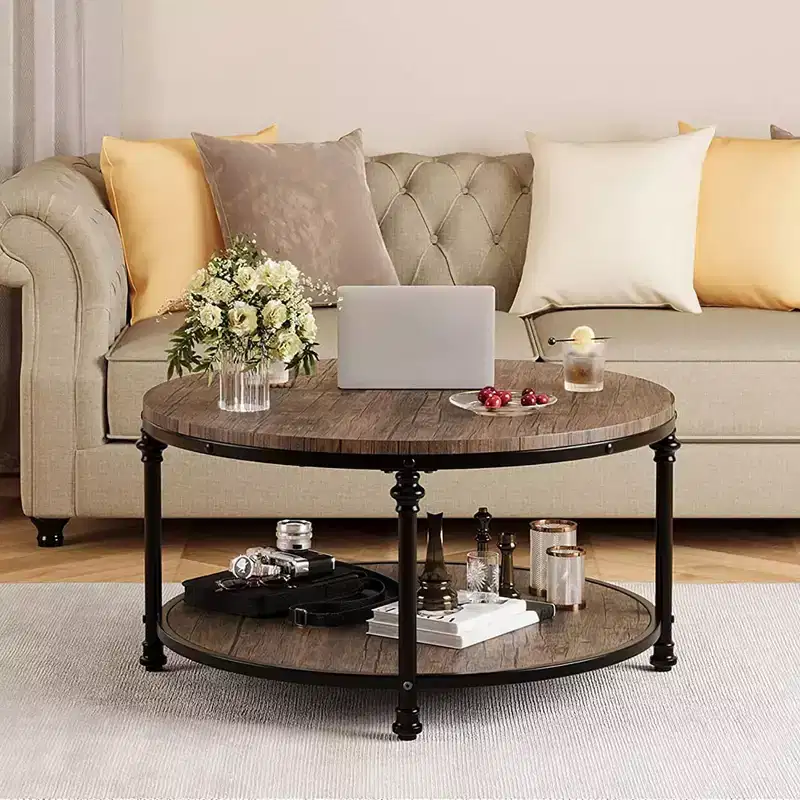 Round coffee table,coffee table with storage rack, coffee table with sturdy metal legs,retro style