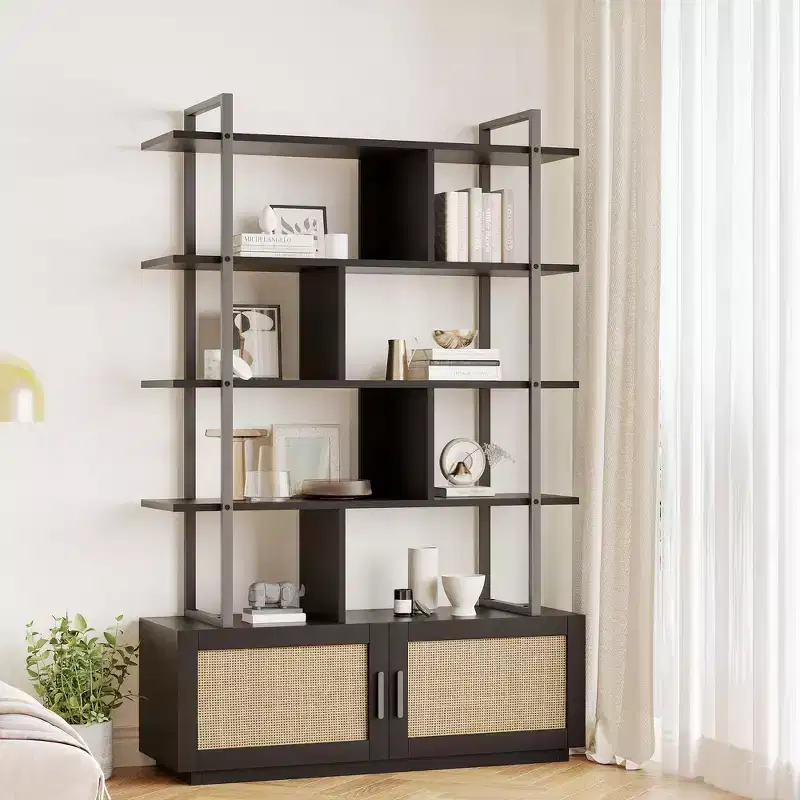 GustoWave Rattan Bookshelf,71.1 Inch Tall Industrial Bookcase with Storage Door,5 Shelf Bookcase with Metal Frame for Living Room