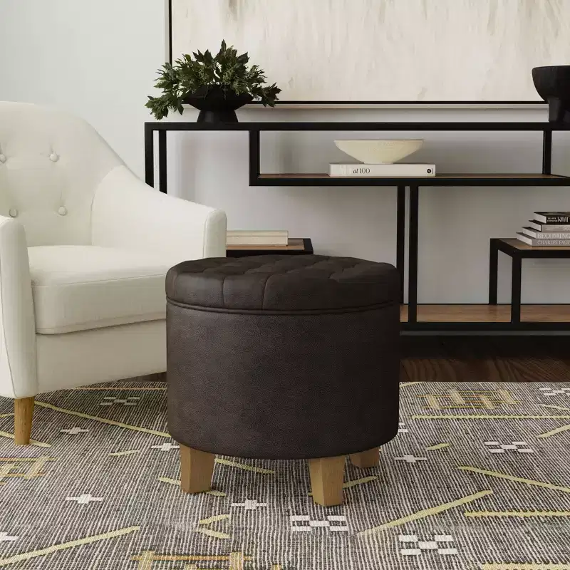 Round Storage Ottoman, Tufted Faux Leather, Dark Brown