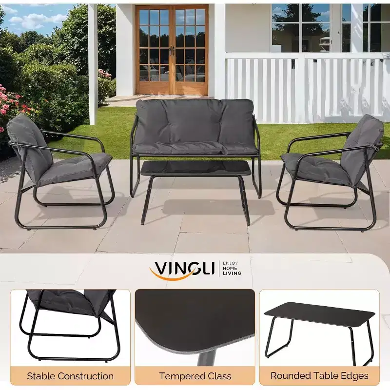 VINGLI 4 Piece Patio Conversation Set, Outdoor Furniture Set with Glass Coffee Table & Comfortable Cushion, Grey