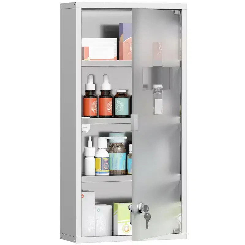 12 x 24 Medicine Cabinet with Lock, Storage Shelves, Locking Medical Cabinet for Safety, First Aid Bathroom Wall Cabinet, Silver