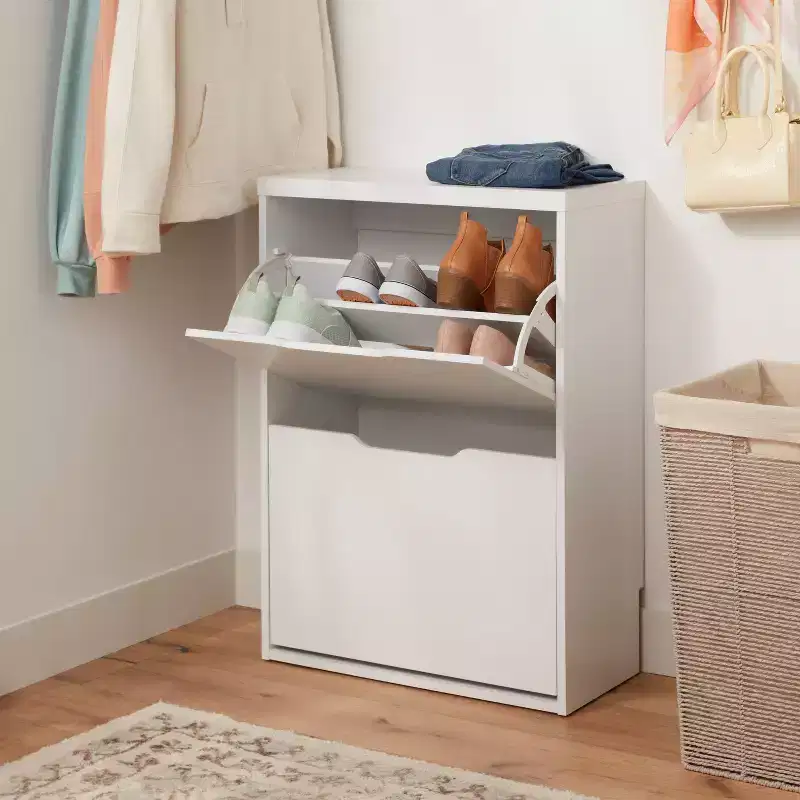 Pivot Open Shoe Cabinet – White Wood Laminate, Holds 12 Pairs, Freestanding