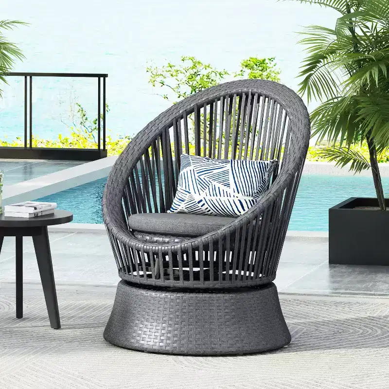 26.7-inch Wide Gray Swivel Wicker Lounge Chair with Iron Frame, Plush Cushion, PE Rattan for Patio or Balcony
