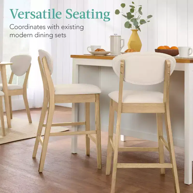 2-Piece Mid-Century Modern Wood and Upholstered Counter Height Bar Stool Set
