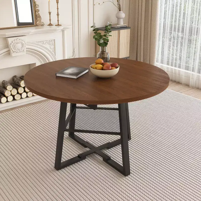 4759 Extendable Round Dining Table for 4-6, Circle Kitchen Table with Storage Shelf, Thickened Top and Metal Frame for Dining Room-Panipeachy
