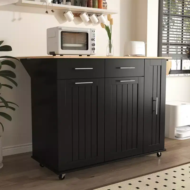 Kitchen Island With Drop Leaf 3 Tier Pull Out Cabinet Organizer Rolling Kitchen Cart on Wheels with Towel Rack 2 Drawers Black