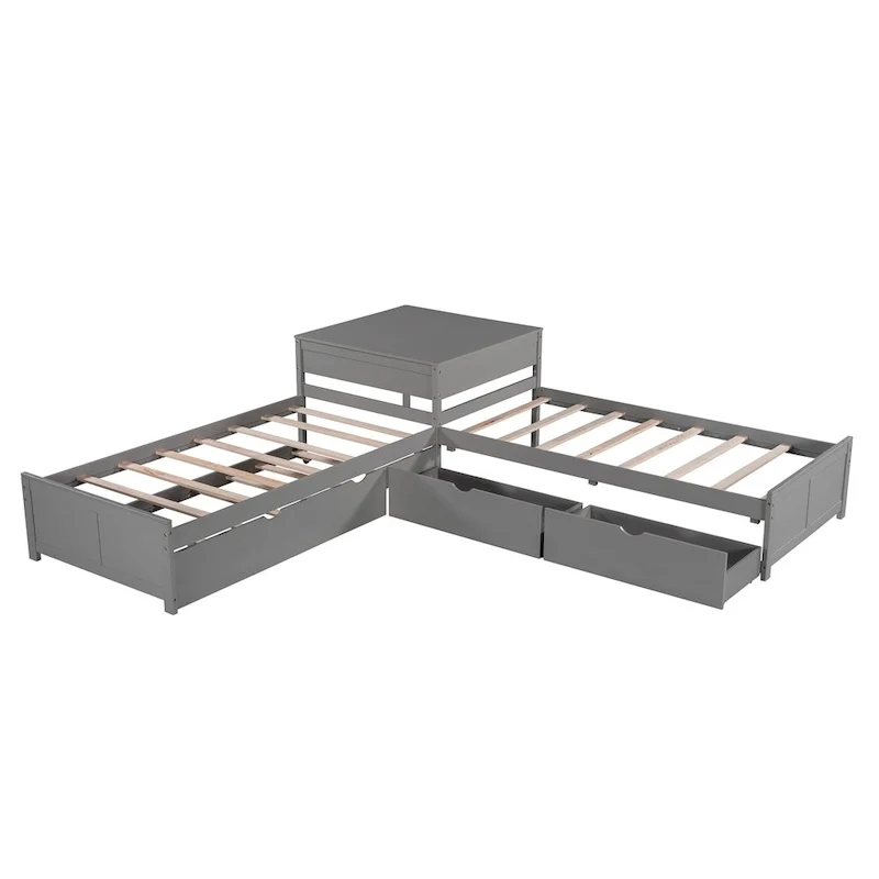 L-Shaped Bunk Bed with Trundle, Drawers, and Built-In Desk, Twin