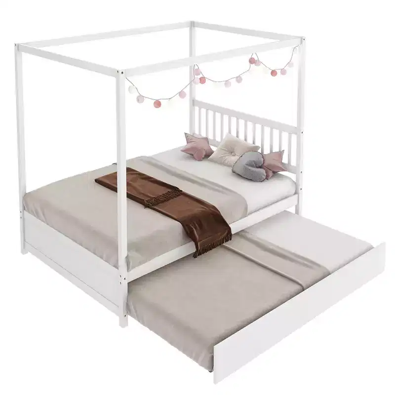 Costway Full Size Canopy Bed with Trundle Wooden Platform Bed Frame Headboard