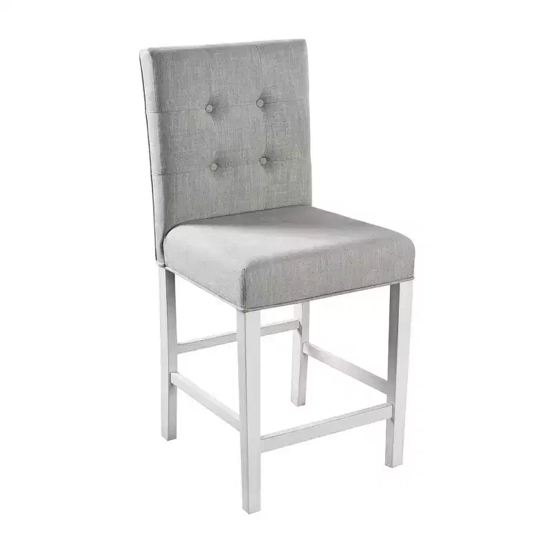 Set of 2 Transitional Counter Height Barstools, Antique White with Nailhead Trim and Linen Upholstery