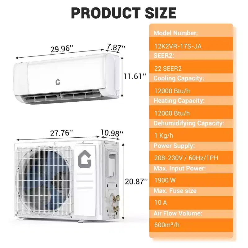 12,000 BTU Mini Split Air Conditioner,22 SEER2,750 Sq.Ft Cooling/Heating,Smart Inverter,Alexa WiFi Control, 5 Modes (Cool/Heat/Dehumid/Fan/Sleep)