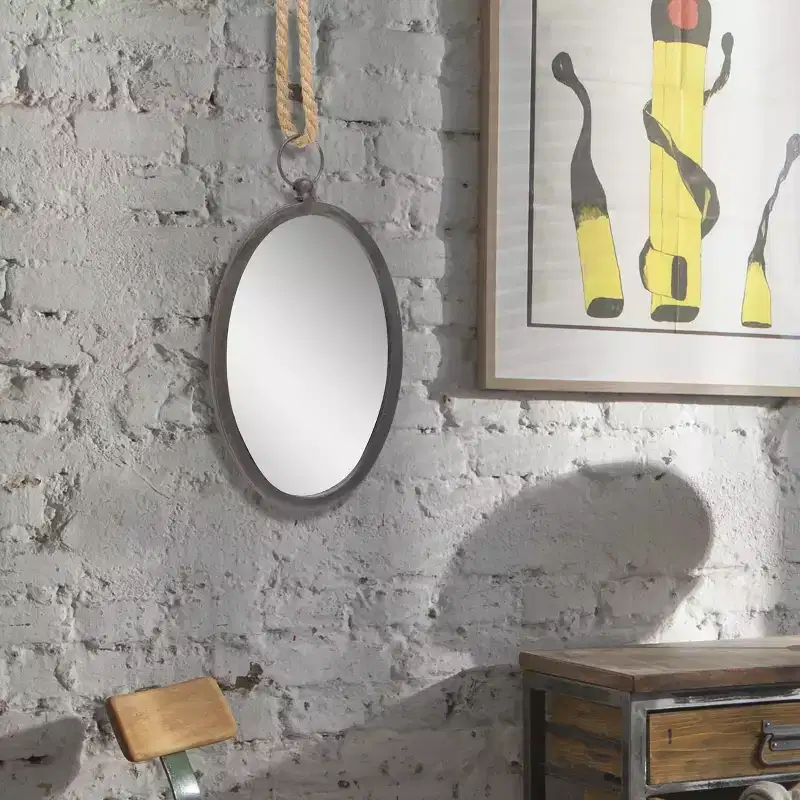 Large Oval Metal Wall Mirror with Rope Hanging Loop Farmhouse Style