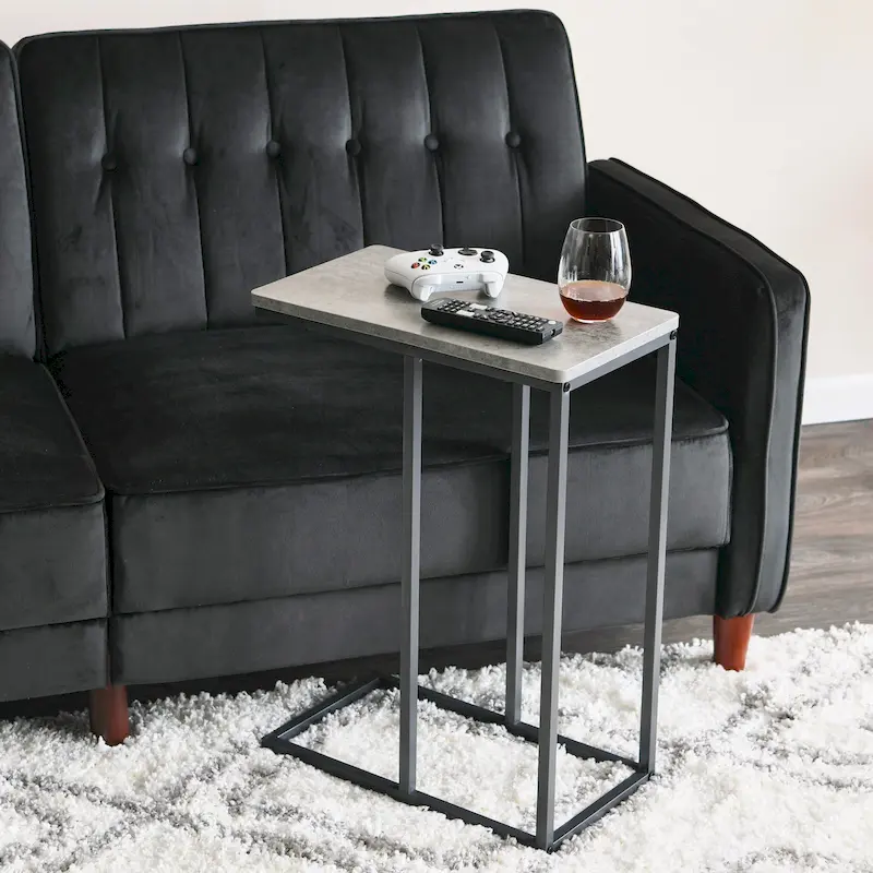 C-Shape Side Table, Faux Stone Top, Black Frame, Space-Saving Design