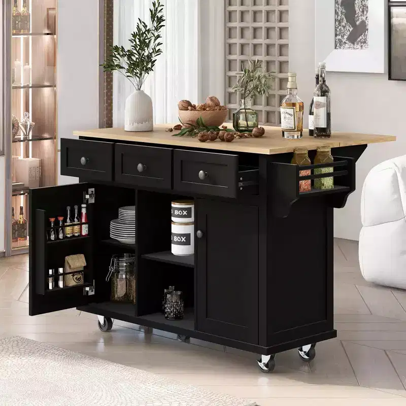 53.1 Inch Rolling Kitchen Island with Drop Leaf, Storage Cabinet and 3 Drawers