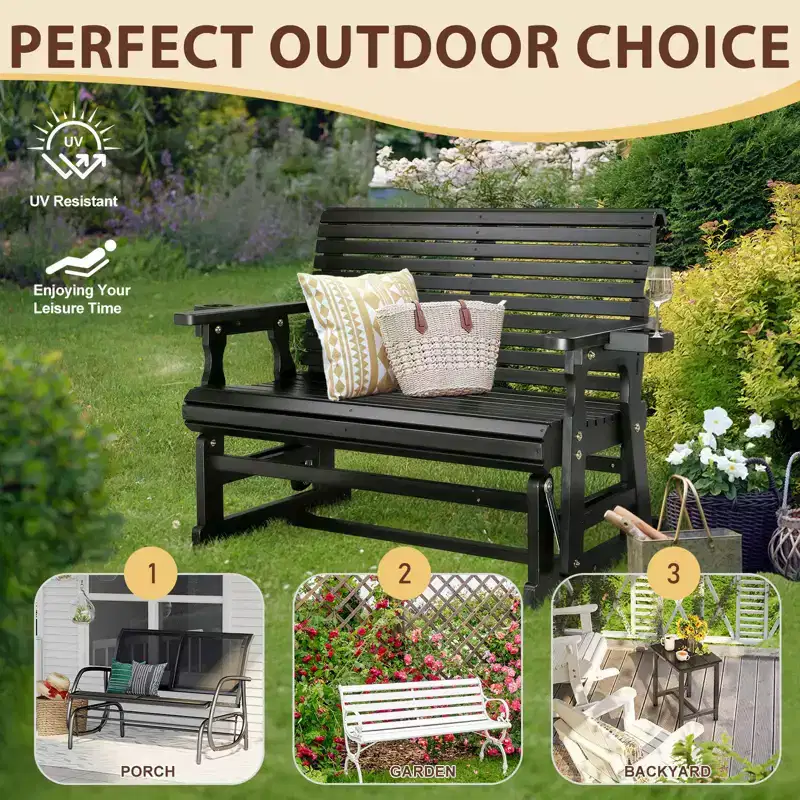 Karl Home | 48 in. Solid Wood Patio Glider Bench with Cup Holder