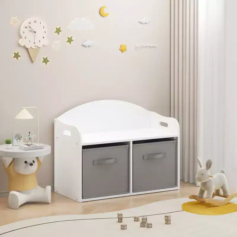 Kids Wooden Toy Box/Bench with Collapsible Fabric Drawers - White