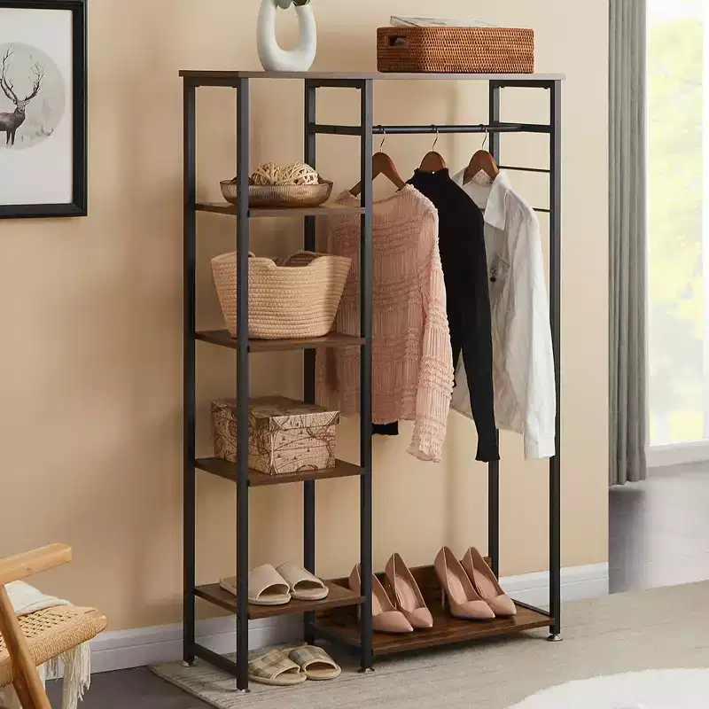 Open Garment Clothing Rack, Heavy Duty Free-Standing Storage Closet with 5 Shelves & Hanging Rod for Small Spaces, Oak/White