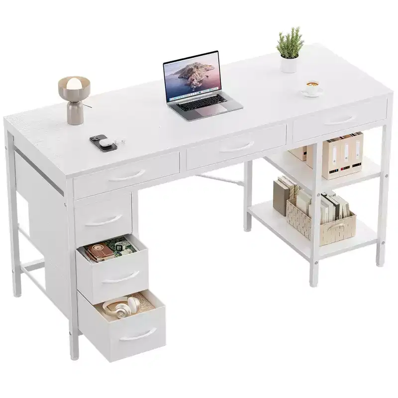TUYOHW 47/55 Computer Desk with 6 Fabric Drawers & Open Storage Shelves,Writing Desk for Home Office Work Studying Room,Gaming Room