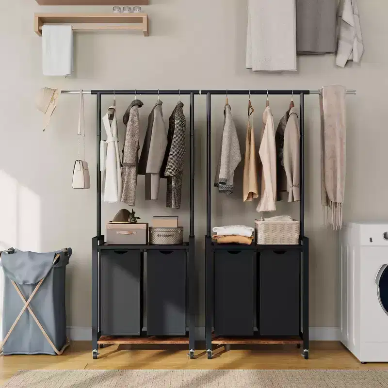 Rolling Laundry Cart with Hanging Rack & Utility Shelf | Laundry Sorter Hamper with Lockable Wheels | Laundry Basket Organizer