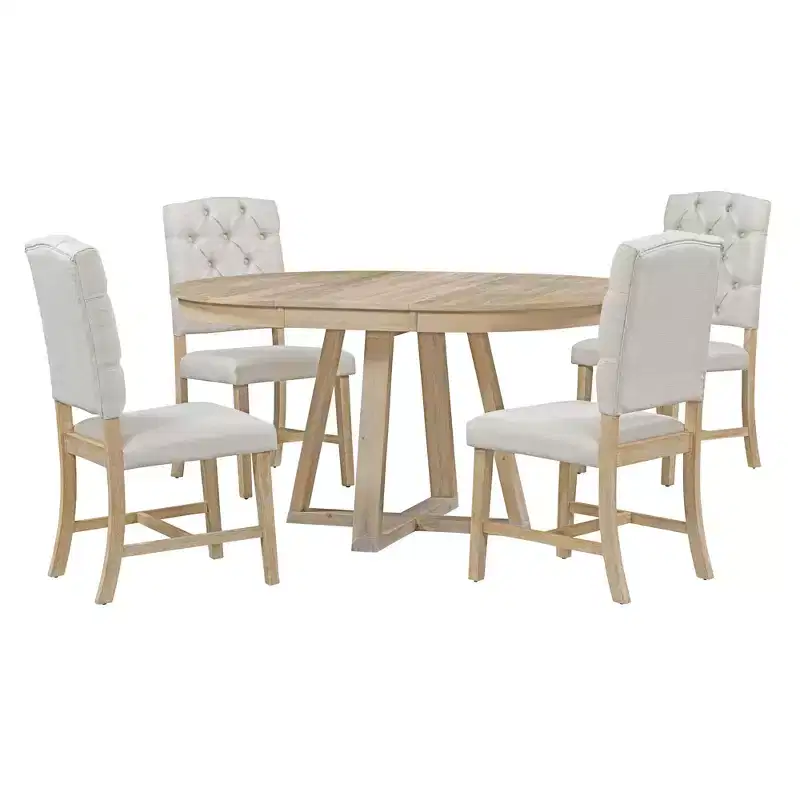 Whisen Retro Style 5-Piece Extendable Dining Set with 4-Botton Tufted Upholstered Chairs