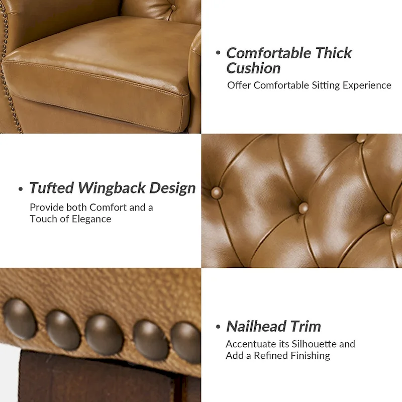 Burt Traditional Genuine Leather Accent Chair with Tufted Wing Back by HULALA HOME