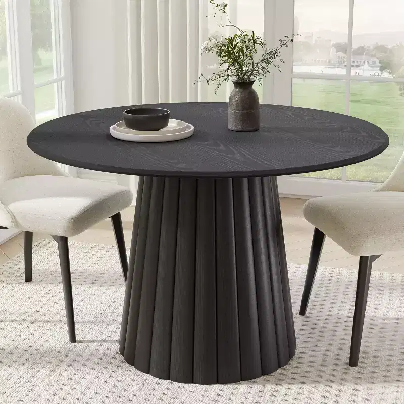 Dovelina Black Wood Round Dining Table Kitchen Tables with Designer Table Base for 6 People