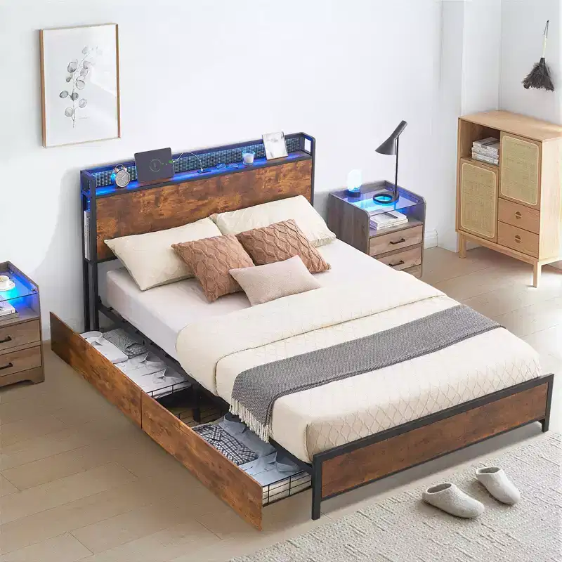 GustoWave Full/Queen Size Solid Wood Platform Bed Frame with 4 Storage Drawers & Charging Headboard - Brown