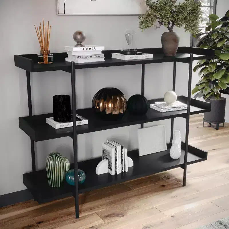 3-Shelf Storage Display Bookcase with Metal Frame, Black Wood Grain