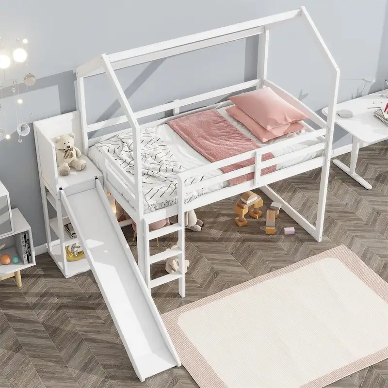 Twin Size Wood House Loft Bed with Slide, Playhouse Style, Kids Bedroom Furniture