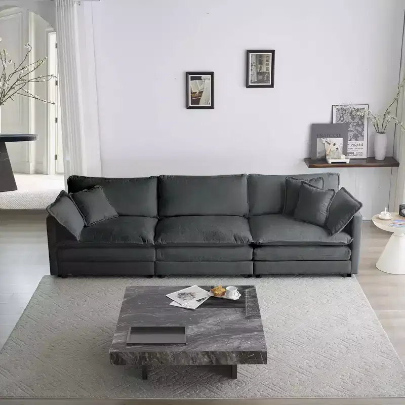 MAYEERTY Mid Century Modern 3 Seater Sofa with 2 Armrest Pillows 2 Toss Pillows for Living Room Gray