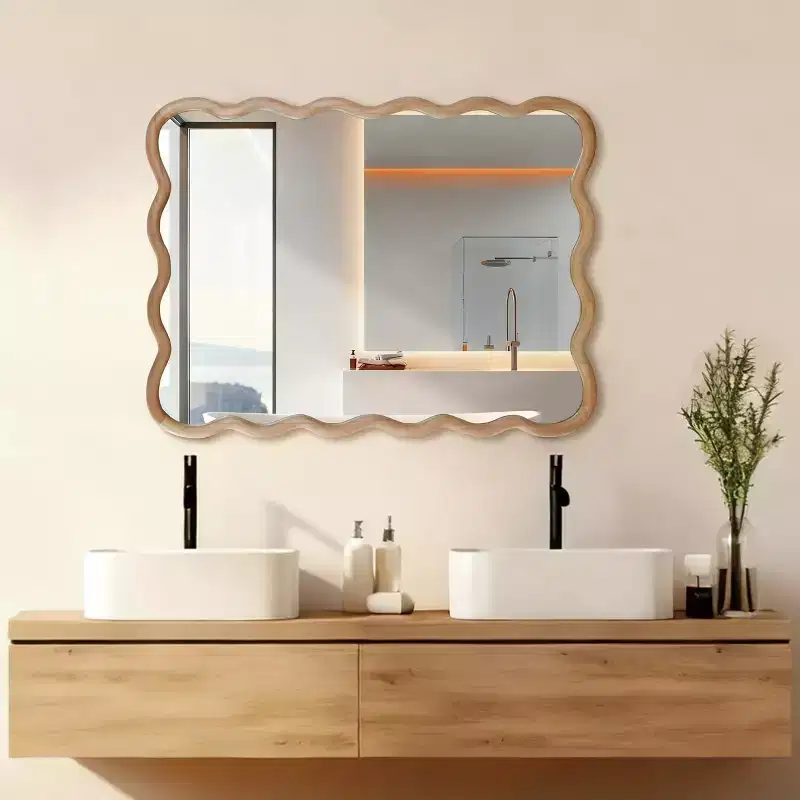 MAYEERTY 30 x 40 Wavy Rectangle Solid Wood Frame Decroative Mirror for Bedroom Bathroom Living Room Natural Wood