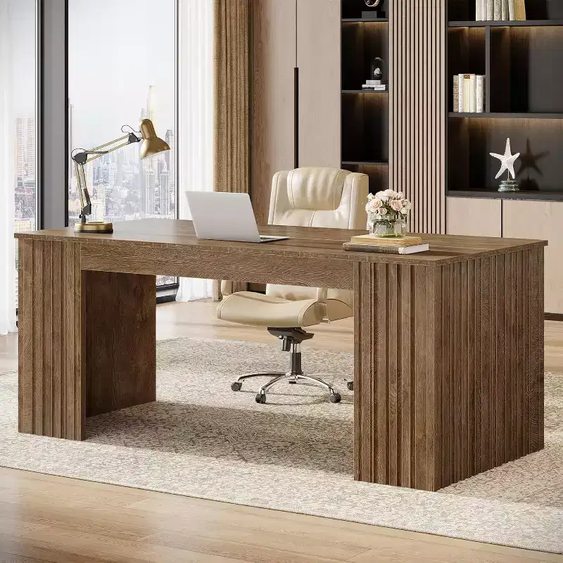 Lantine Modern Executive Desk, 63-Inch Large Office Computer Desk, Study Writing Table Workstation Business Furniture for Home Office, Brown