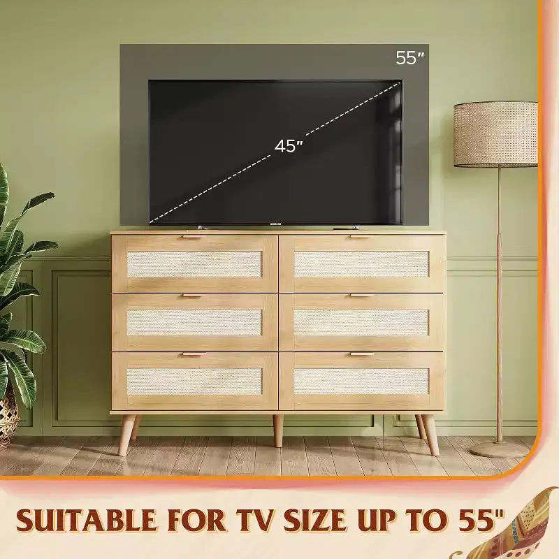 Boho Rattan 6-Drawer Dresser  47.24'' Wide Storage Cabinet with Gold Handles, Fits 55'' TV, Ideal for Bedroom, Living Room,Light Oak
