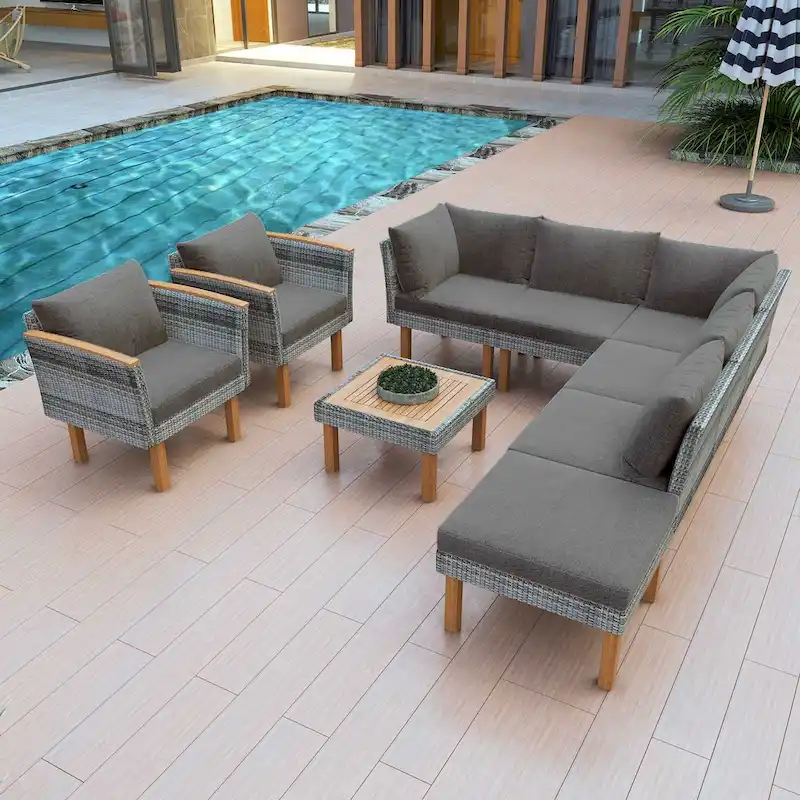 9-Piece Outdoor Rattan Sofa Set with Cushions and Coffee Table