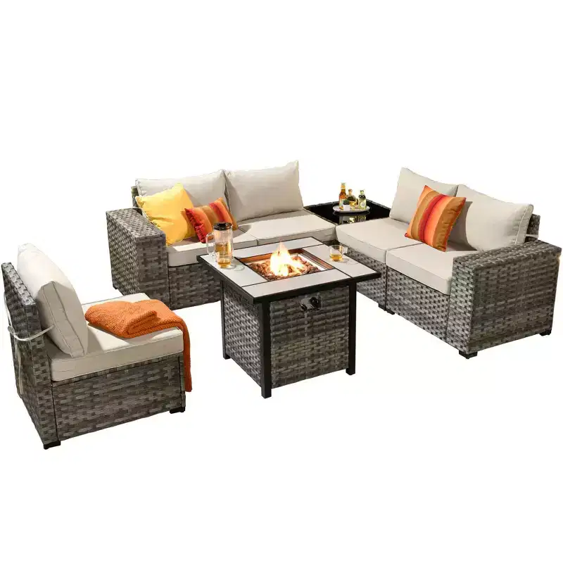 Marlton 7pc Wicker Outdoor Patio Furniture Set Conversation Sofa Set with a Fire Pit and Cushions