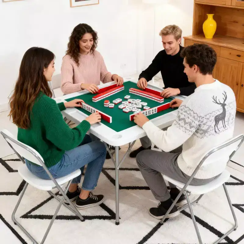 35.4 Folding Mahjong & Domino Table, 4-Player Portable Square Card Table with Green Top, Cup Holders and Chip Trays for Poker, Games and Puzzles