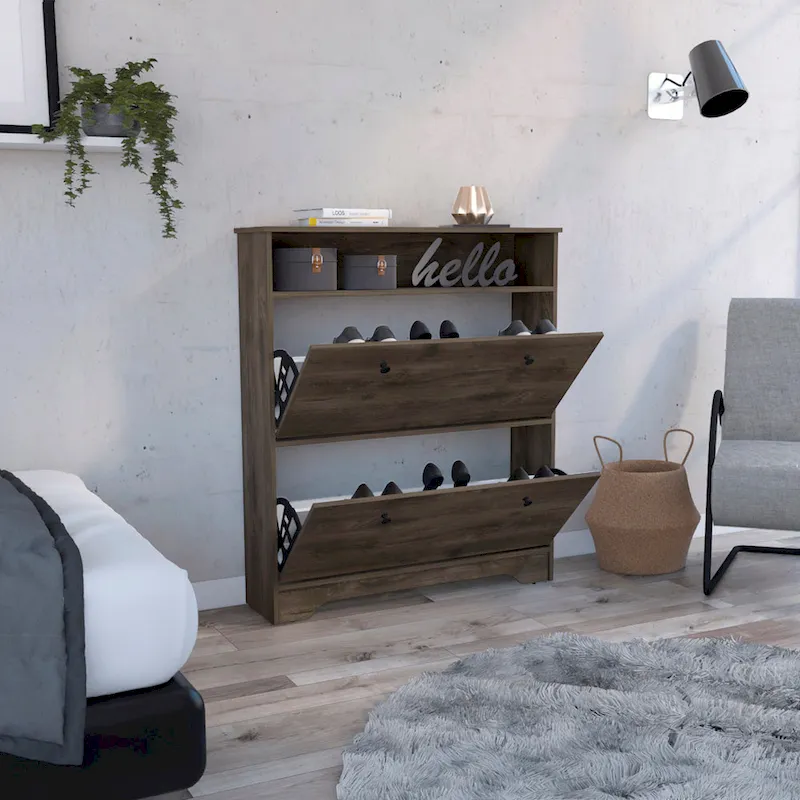 Shoe Rack with Open Shelf and Two Drawers - Dark Brown