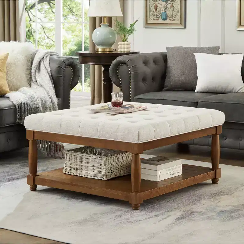 Modern Wooden Square Linen Upholstered Tufted Ottoman with Shelf Storage
