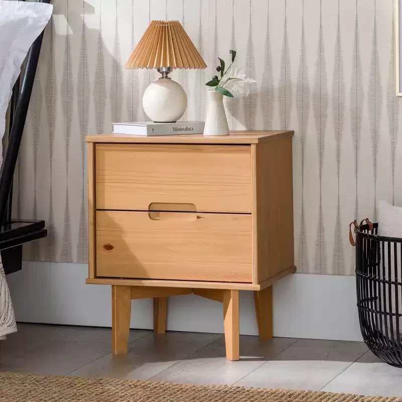 Mid-Century Modern Solid Wood 2-Drawer Nightstand C Natural Pine