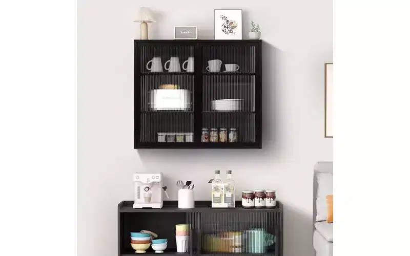 TUYOHW Modern Concise 3-Tier Sideboard Cabinet, Iron & Tempered Glass Storage Cabinet with 2 Doors, Wall Cabinet Pantry Cabinet for Home Organization
