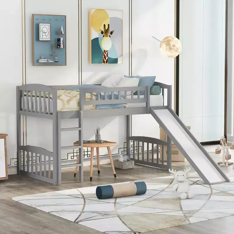 Twin Loft Bed with Slide and Ladder, Wooden Low Loft Bed Frame for Kids Girls Boys