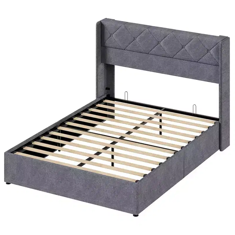 Grey Upholstered Storage Bed Frame, 800 lbs Heavy Duty, 11 Underbed Storage, Noise-Free, Solid Wood, No Box Spring Needed, Easy Assembly-Full