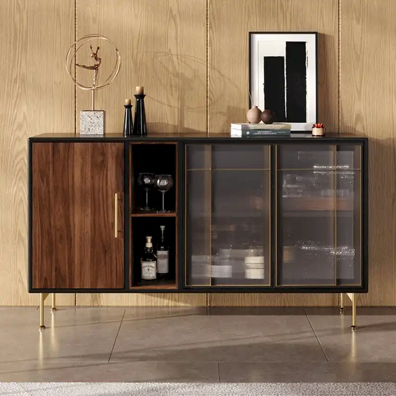 55.12 Mid Century Modern Sideboard Buffet 3 Door Cabinet, Multi-layer Solid Wood Frame, Walnut Veneer, Fully Assemble - 55.12