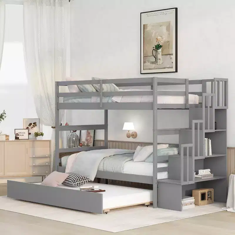 Twin Over Twin Bunk Beds Frame Solid Wood Triple Bunk Bed With Twin Trundle Stairway Storage Function Safety Guardrails For Kids Teens