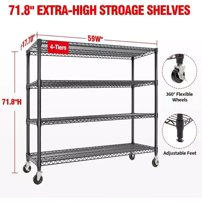 4-Tier Heavy Duty Metal Shelving Unit, Adjustable Height & Feet, Thickened Sturdy Construction, High Load Capacity for Garage & Pantry