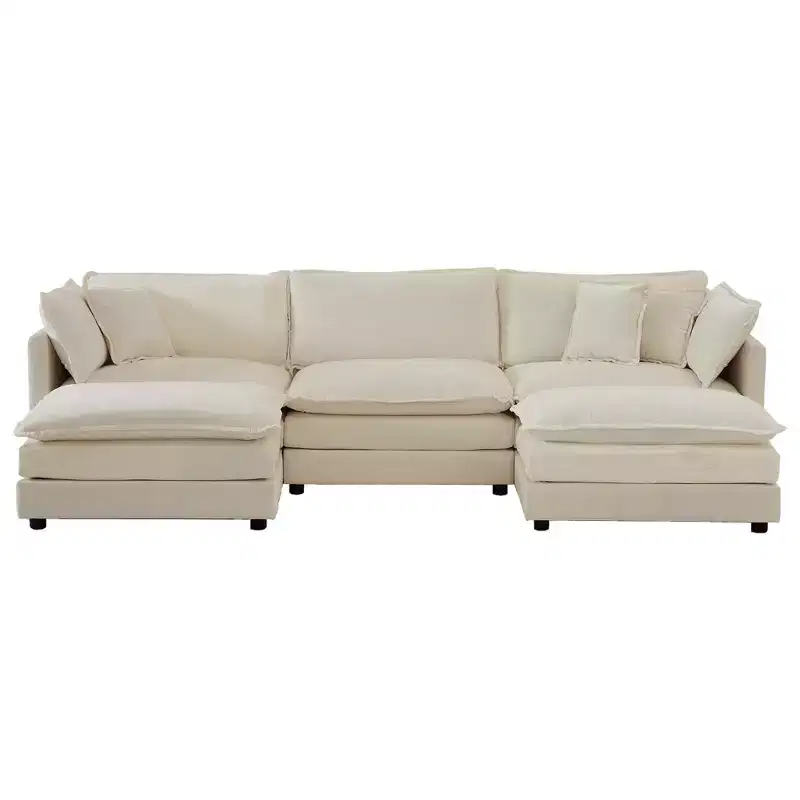 Homy Casa Modular U-Shaped Chenille Sectional Sofa with Reversible Ottomans, Deep Cushioned Comfort, Beige