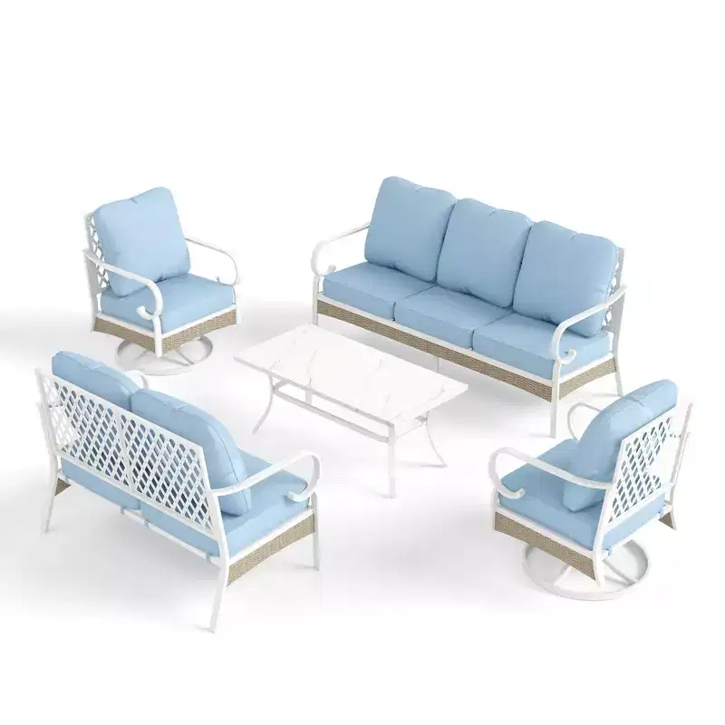 Captiva Designs 5pc Extra Large Metal and Rattan Outdoor Patio Conversation Set with Swivel Grid-back Chairs and Loveseat