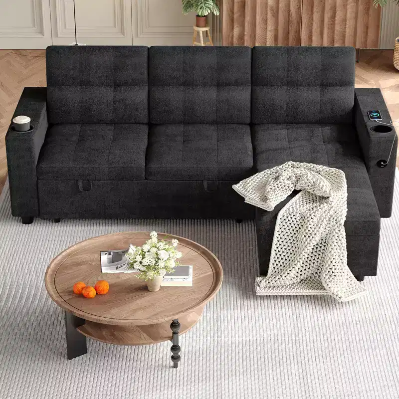 84 L-Shaped Sectional Sofa Bed - Reversible Storage Chaise with USB Ports & Cup Holders - Black