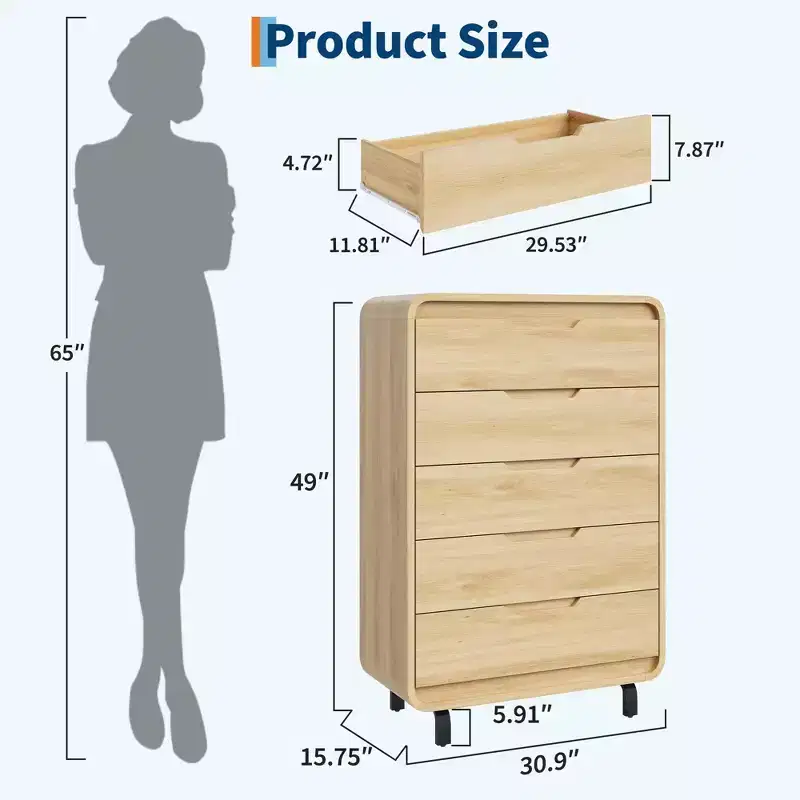 5 Drawers Dresser for Bedroom, 48 Tall Modern Wooden Clothes Dresser with Large Wood Storage, Chest of Drawers for Living Room, Hallway