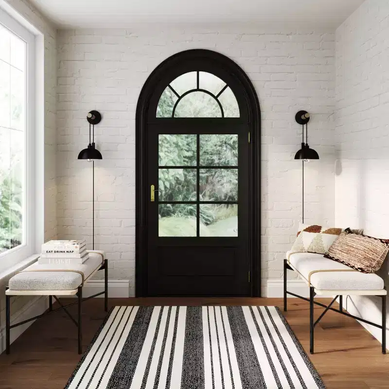 Entryway Bench – Removable Boucle Cushion, Vegan Leather Straps, Curved Edge