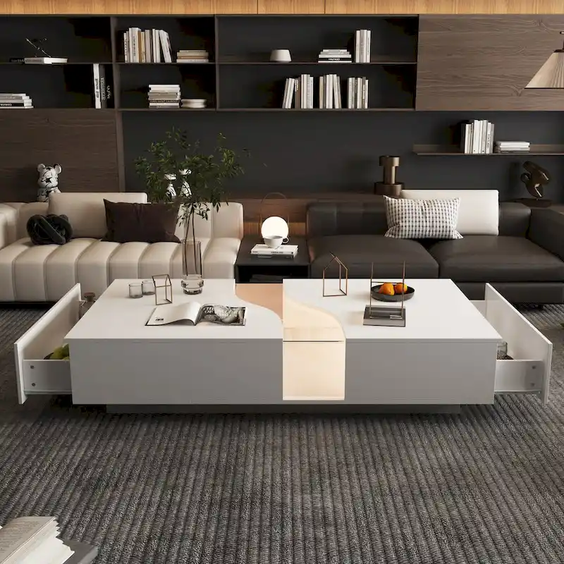 White Dual-Drawer Coffee Table with LED Display Top